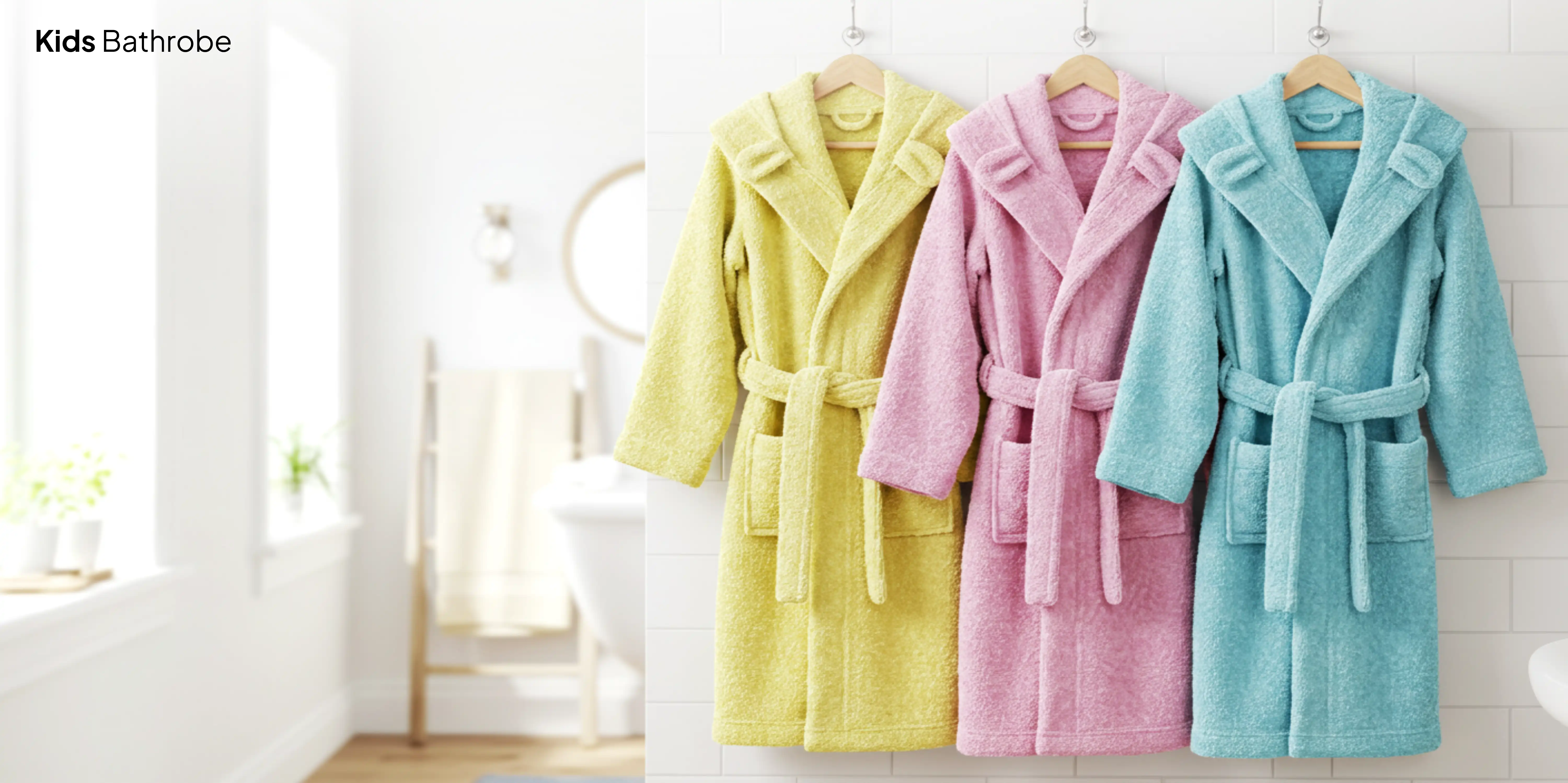Three colorful kids' bathrobes hanging.